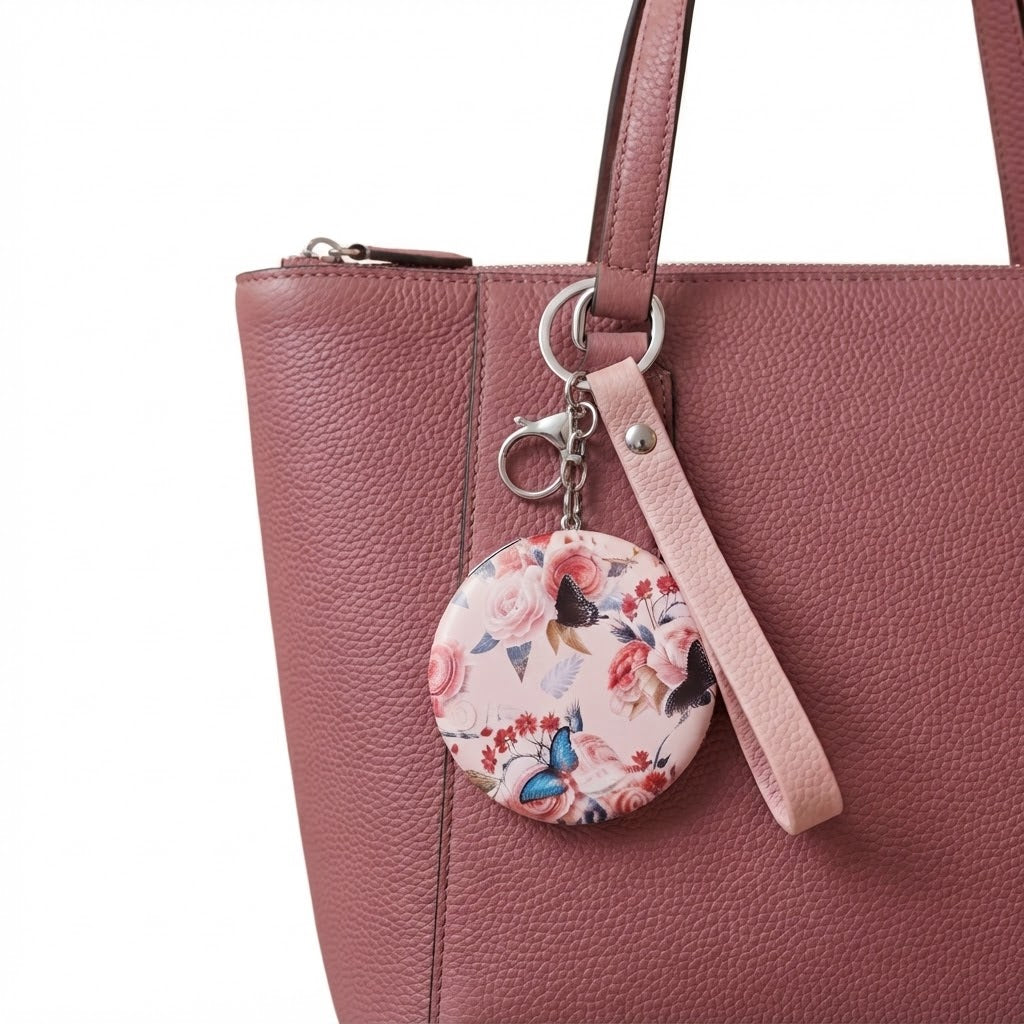 Llavero con espejo floral y mariposas